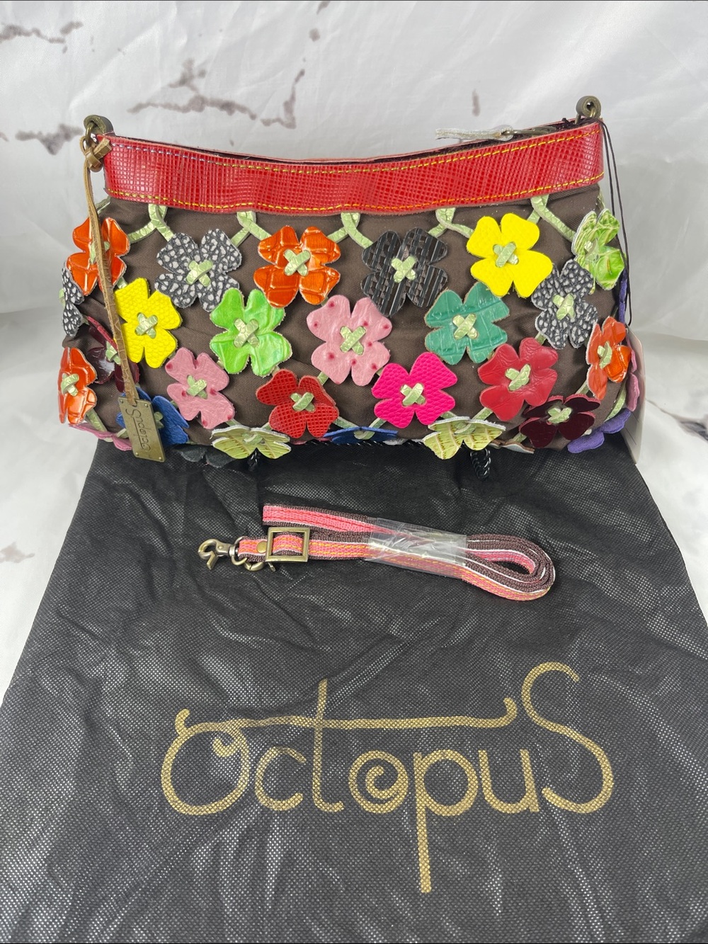 Octopus Alanis Style Leather Purse Clutch Crossbody Floral Cutout Applique Woven